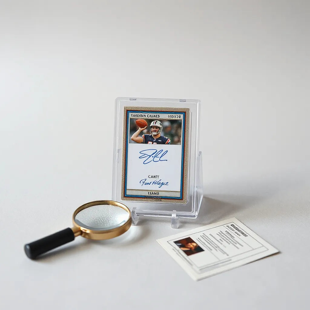 Autographed memorabilia trading card with embedded signature, plus a loupe on a neutral tabletop