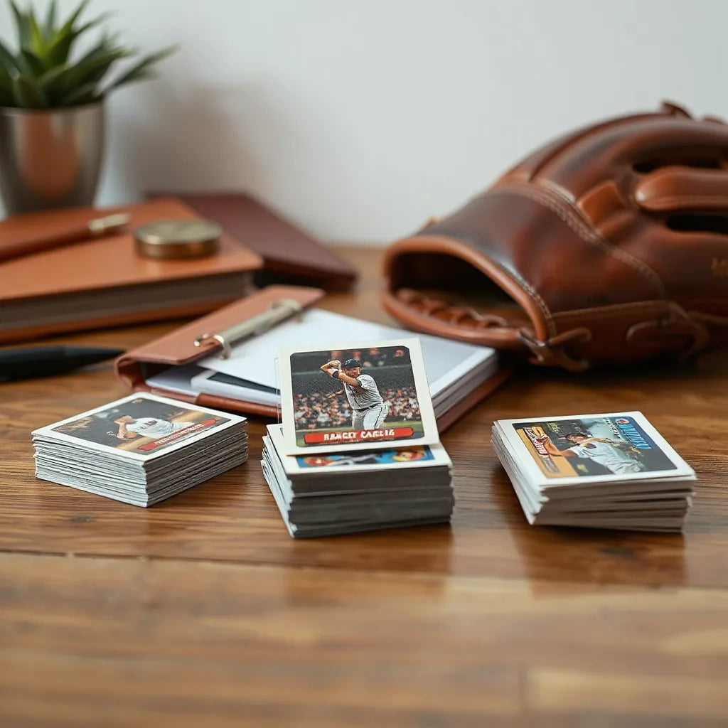 Baseball cards in top loaders and a binder laid out on a wooden desk with a glove in the background