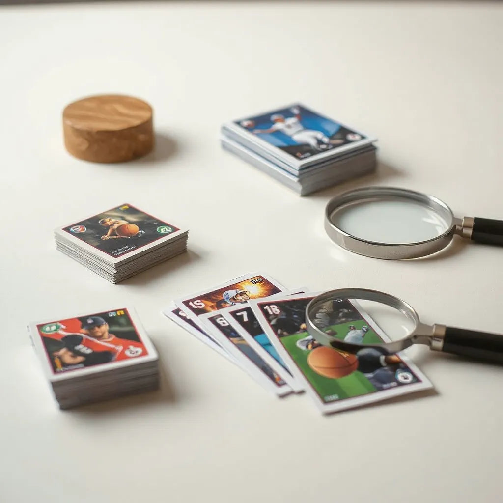 Sorting sports trading cards with a magnifying loupe, base cards separated from a keep pile