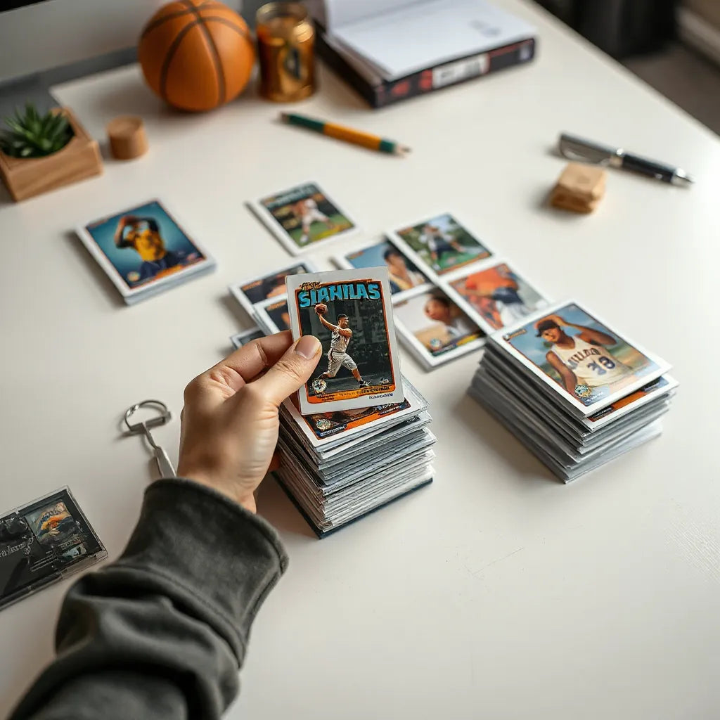 Hands sorting collectible sports cards with standout cards in protective sleeves on a clean desk