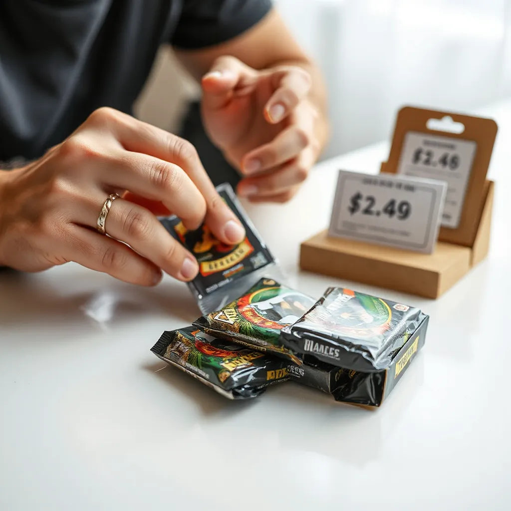Hands inspecting premium sports card packs on a clean table under soft lighting