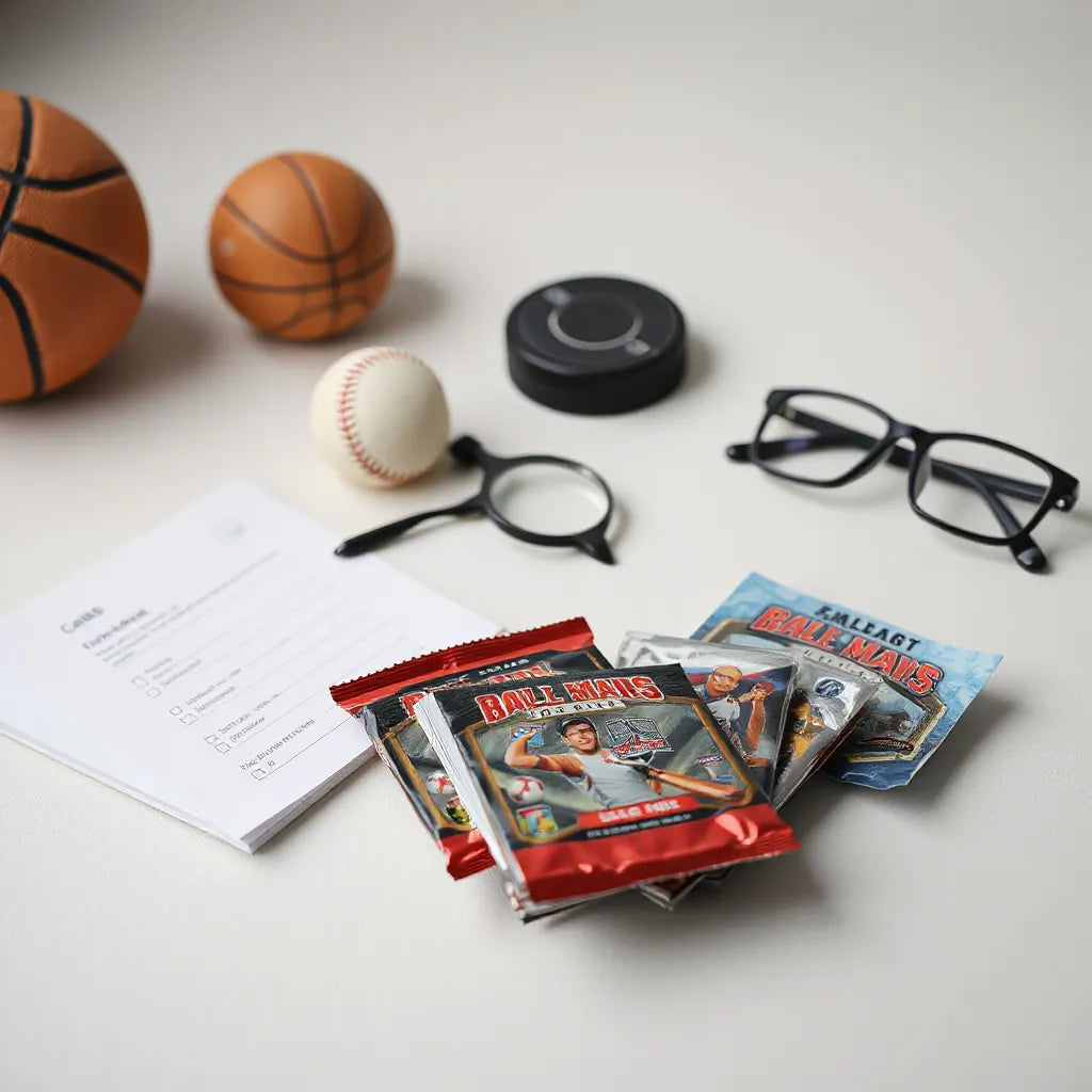 Unopened sports trading card packs on a tabletop with a checklist and magnifying glass