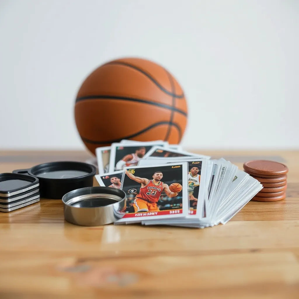 Basketball trading cards spread on a table with sleeves, top loaders, and a magnifying loupe