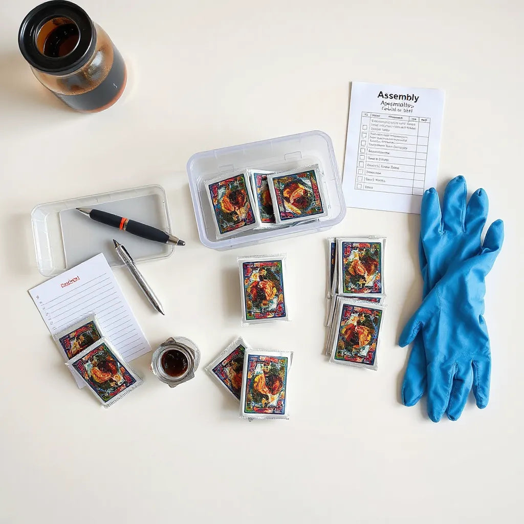 Sealed sports card assembly packs and trading cards organized on a tabletop with storage box and gloves