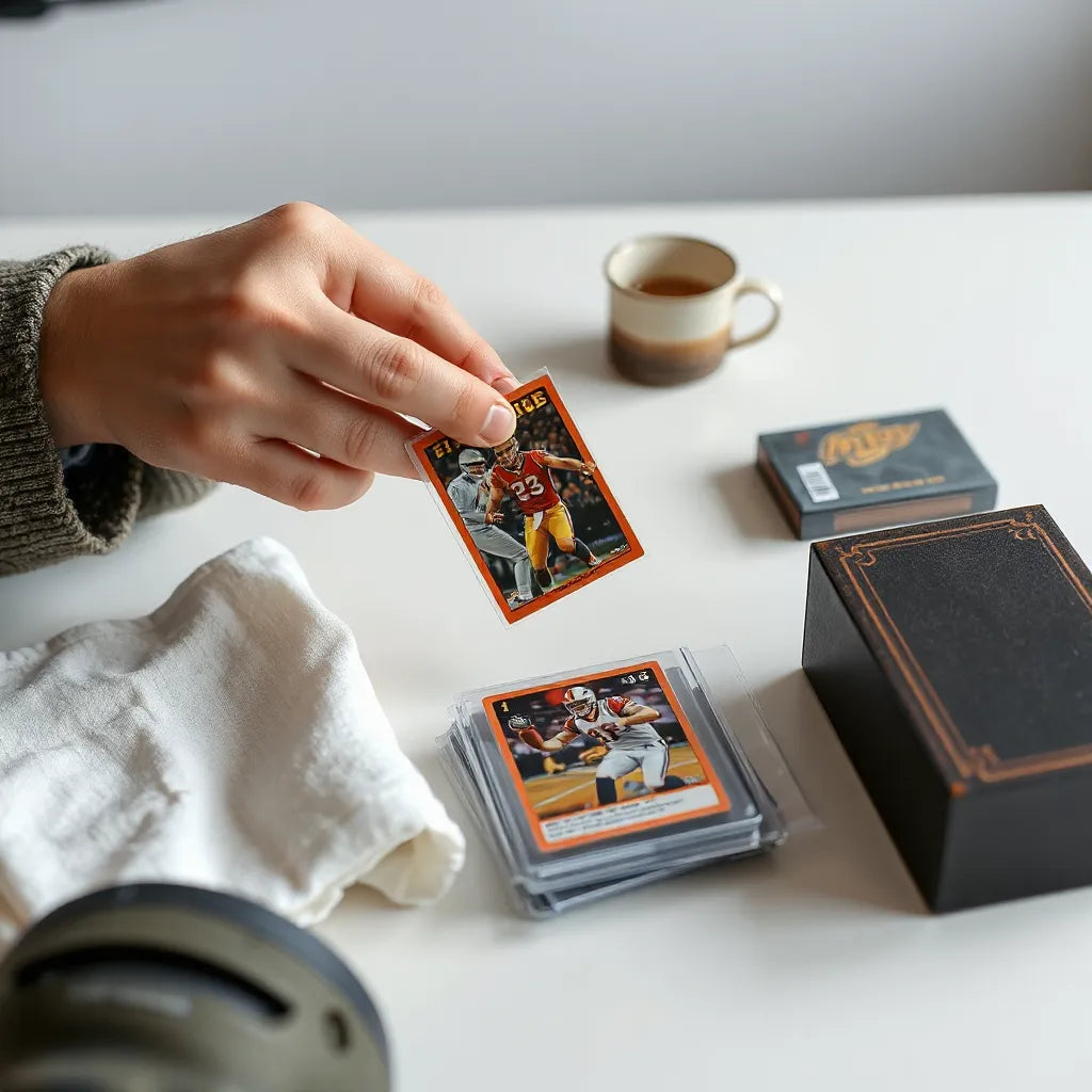 Hands inserting a trading card into a protective sleeve and top loader on a clean desk