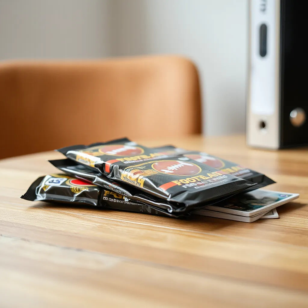 Unopened football trading card packs on a wooden table with a few cards peeking out
