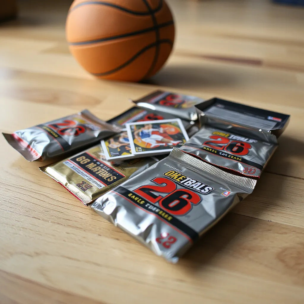 Unopened basketball card packs on a wooden table with a few cards visible and soft natural lighting.