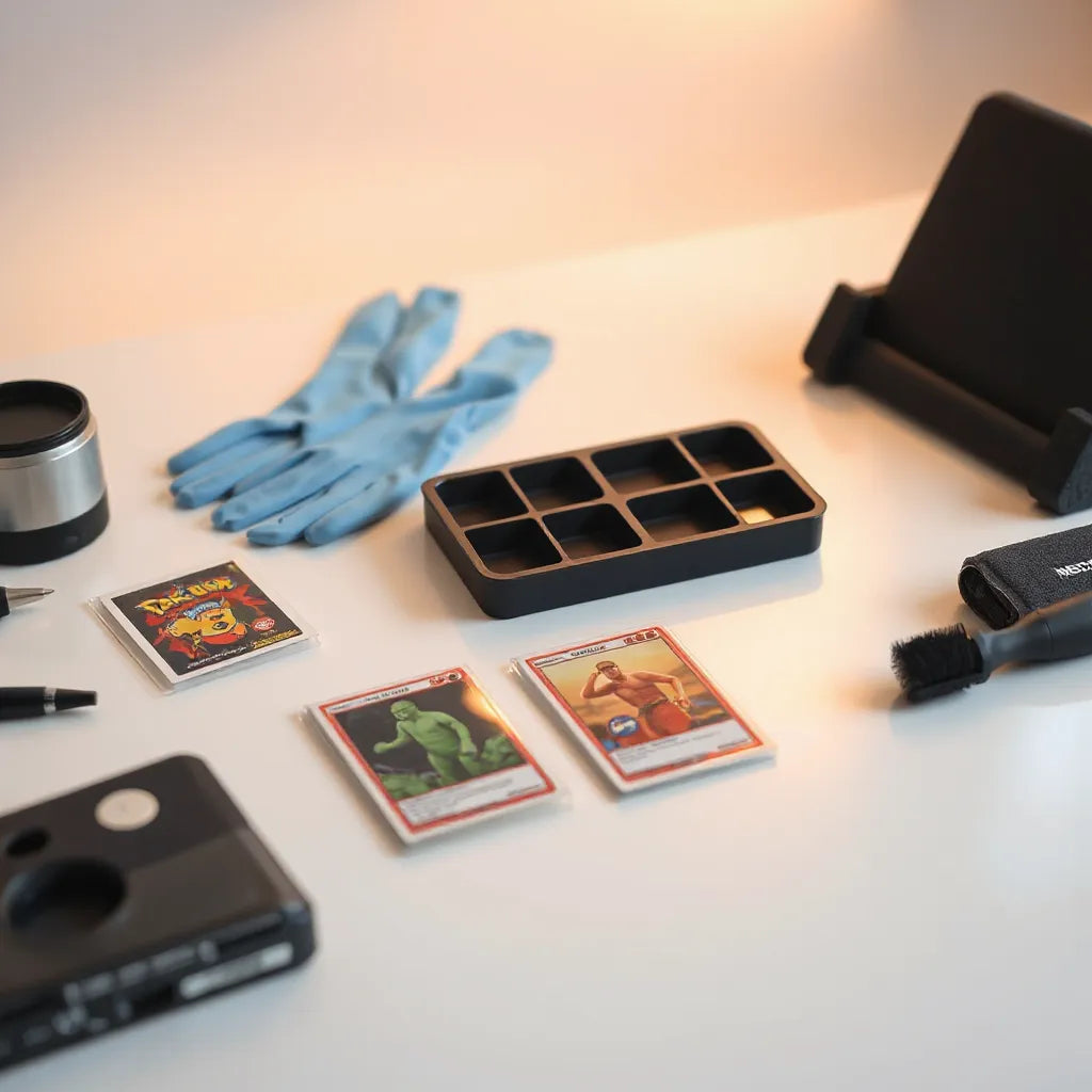 Gloved hands assembling trading cards with sleeves on a clean work surface