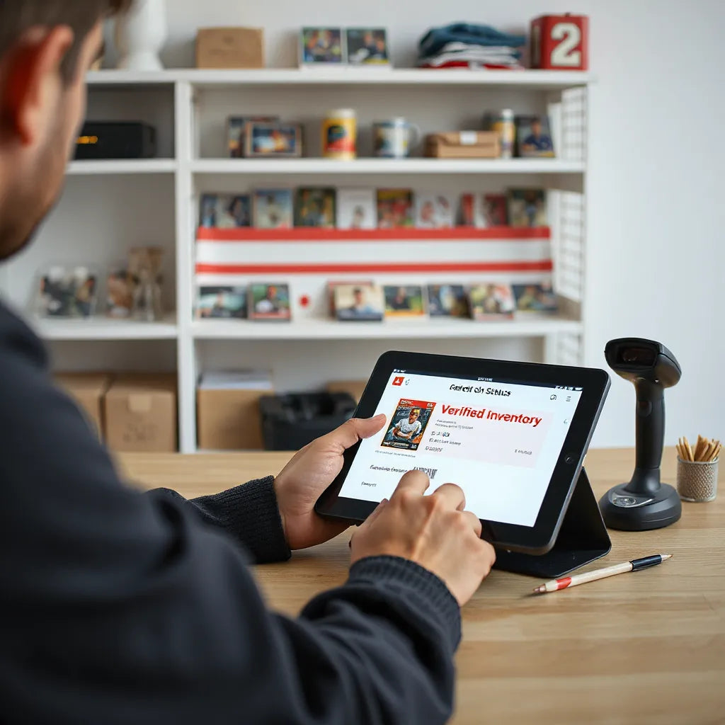 Person checking a tablet with inventory status while sports cards are neatly organized nearby